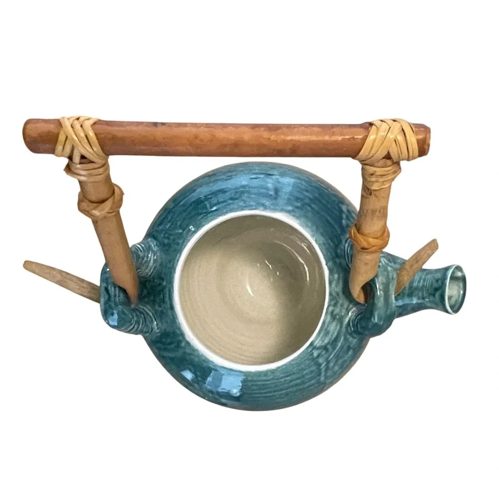 VTG Valencia Maui Raku Studio Pottery Teapot Shell Coral Lid Bamboo Handle Ocean